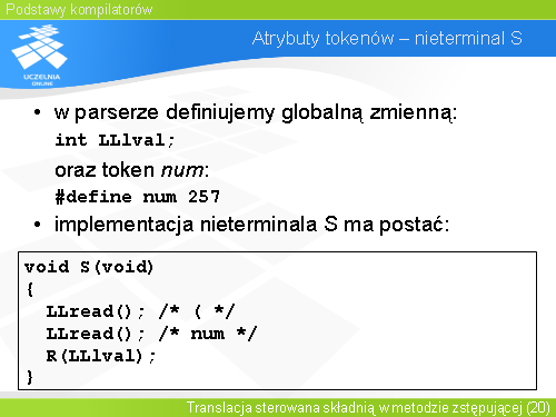 Atrybuty tokenów – nieterminal S