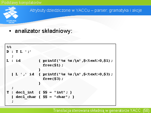 Atrybuty dziedziczone w YACCu – parser: gramatyka i akcje