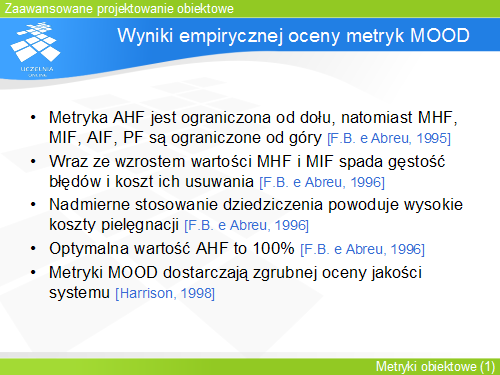 Wyniki empirycznej oceny metryk MOOD