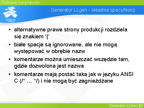 Generator LLgen - składnia specyfikacji(1)