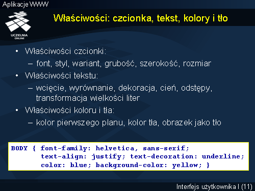Właściwości: czcionka, tekst, kolory i tło