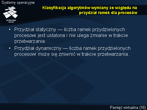 Klasyfikacja algorytmów wymiany ze względu na przydział ramek dla procesów