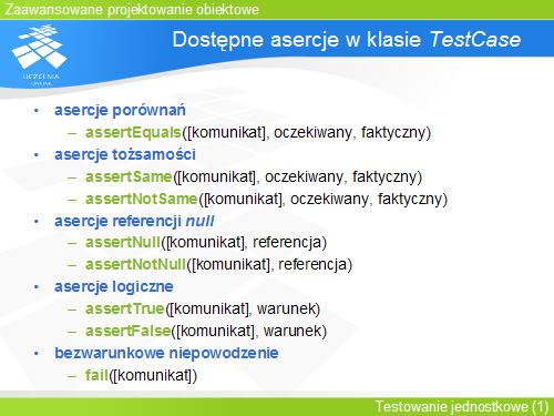 Dostępne asercje w klasie TestCase
