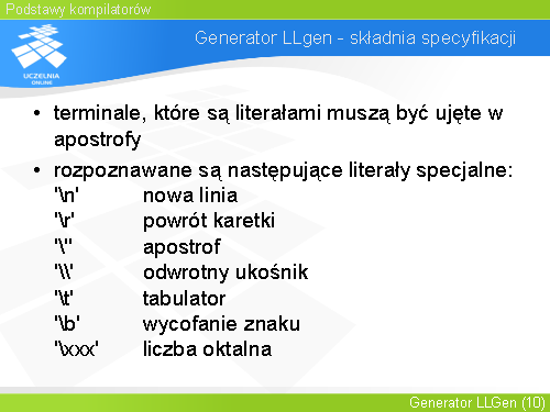 Generator LLgen - składnia specyfikacji(5)