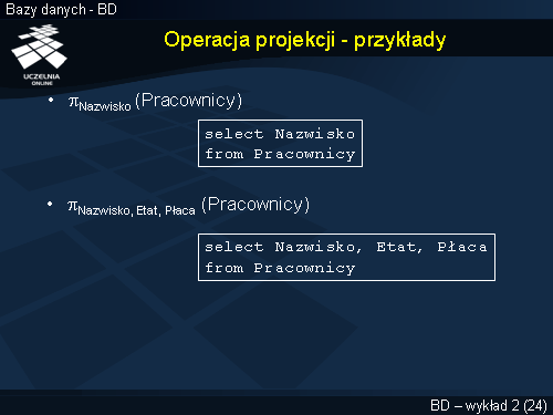 Operacja projekcji - przykłady
