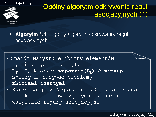 Ogólny algorytm odkrywania reguł asocjacyjnych (1)