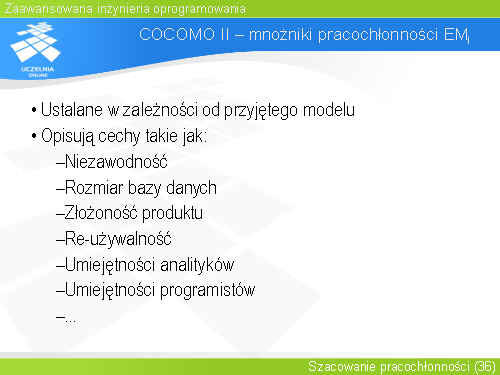 COCOMO II – mnożniki pracochłonności EMi