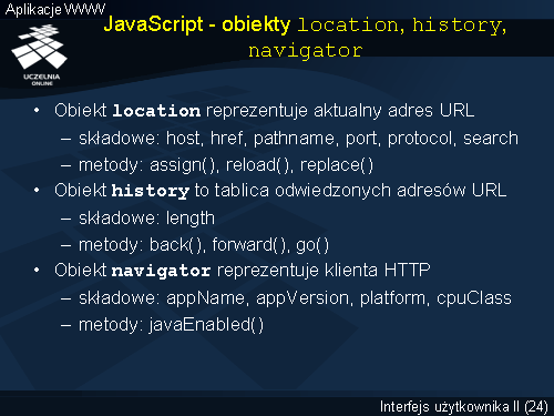 JavaScript - obiekty location, history, navigator