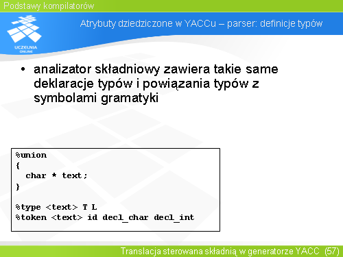 Atrybuty dziedziczone w YACCu – parser: definicje typów